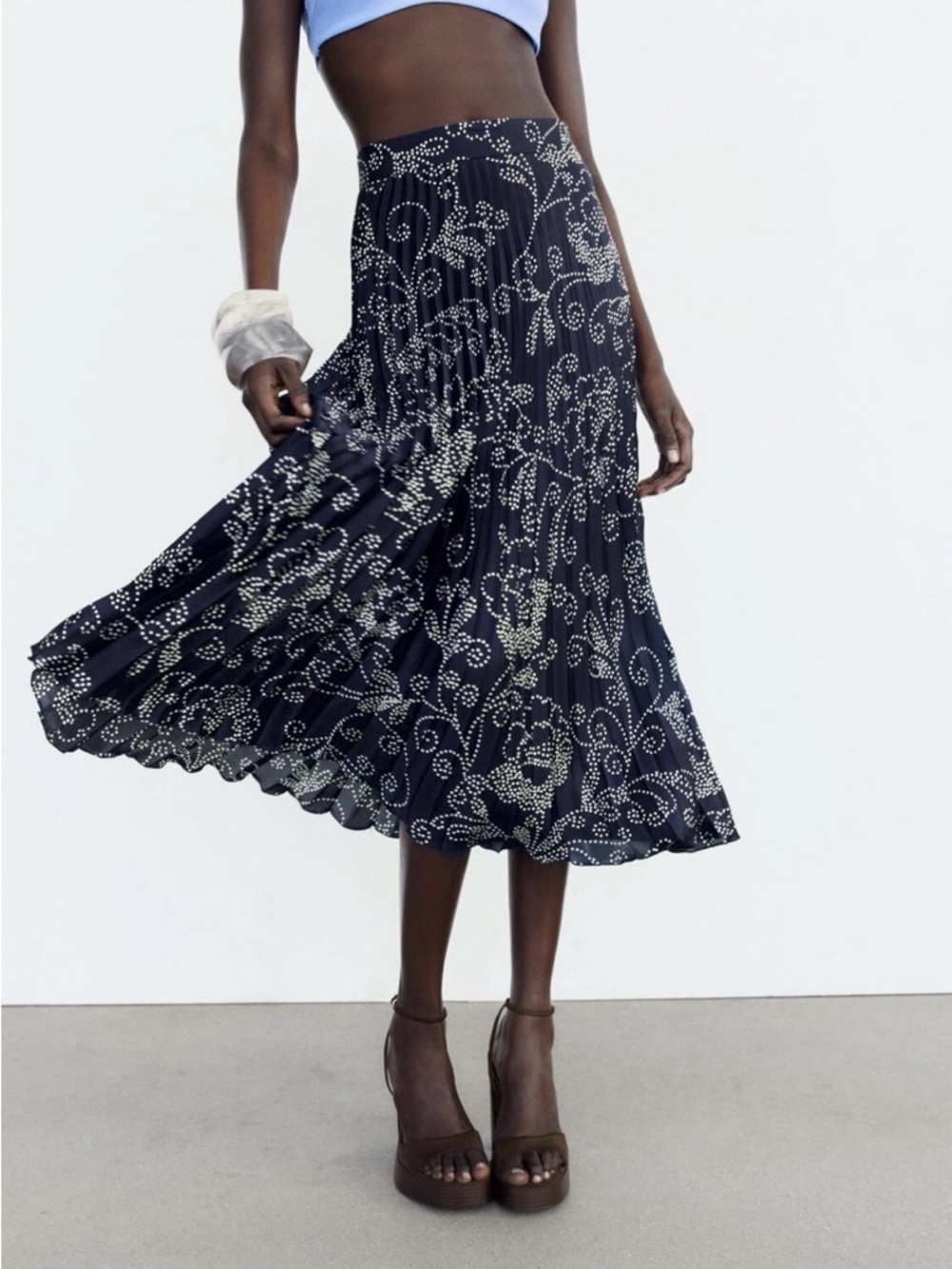 Zara Pleated Satin Dotted Floral Midi Skirt - Picture 5 of 8